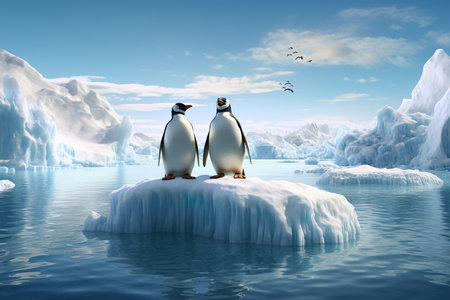 penguins stand on melting ice in Arctic Ocean at daytime, global warming concept, world global planet climate change. Two cute emperor penguins confused by ice melting. Generative AIの素材