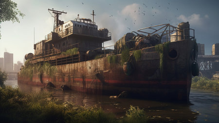 Abandoned shipwreck, wreck of old rusty ship or boat after post-apocalyptic. Generative aiの素材