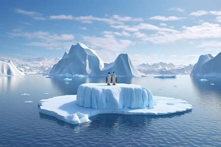 penguins stand on melting ice in Arctic Ocean at daytime, global warming concept, world global planet climate change. Two cute emperor penguins confused by ice melting. Generative AIの素材