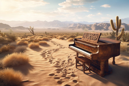 Vintage grand piano at sunset in desert. Sand and sky. Generative AIの素材