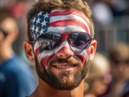Joyful fan in the colors of the U.S. flag on his face at the stadium in a crowd of fans. Generative aiの素材