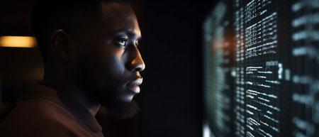 African American man programmer looking at lines of code on a screen. Generative aiの素材
