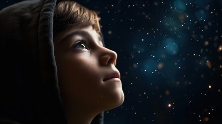 Child looks at the starry christmas night sky. Generative aiの素材