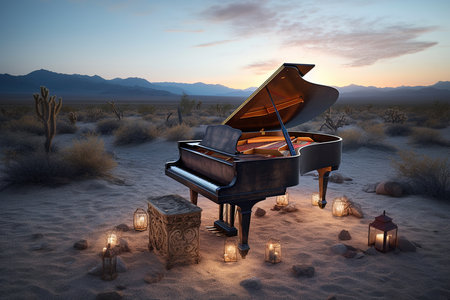 Vintage grand piano at dusk in desert. Sand and sky. Generative AIの素材