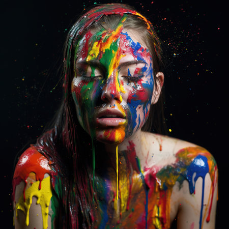 Fashion photography of the woman with the paint splattered on her face. Beautiful Young Woman with Creative Splattered Makeup. A splash of colorful paint. Generative AIの素材