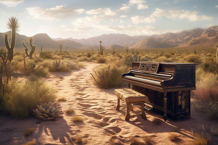 Vintage grand piano at sunset in desert. Sand and sky. Generative AIの素材