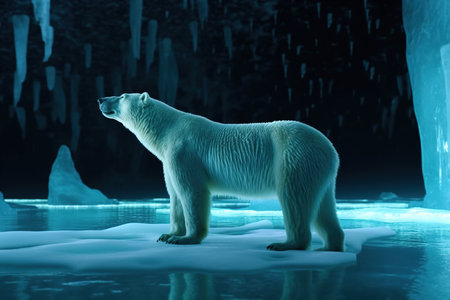 Global warming, concept with lone polar bear standing on small iceberg in the middle of the north ocean at night, Generative AI illustrationの素材