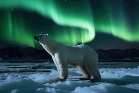 A large polar bear close-up in the Arctic at the North Pole in the snow against a background of green northern lights in the sky with stars, polar night, generative AIの素材