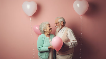 A married couple of pensioners who are happy in love and have a matching outfit of pastel colors. Love that lasts forever. Grandparents holding a heart shaped balloon. Generative AIの素材