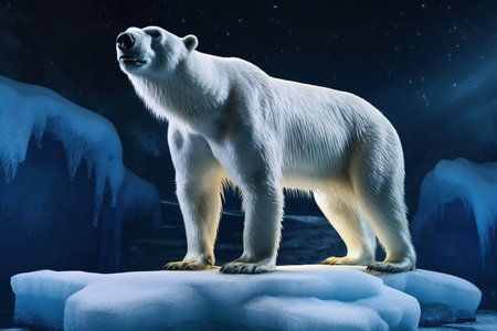 Global warming, concept with lone polar bear standing on small iceberg in the middle of the north ocean at night, Generative AI illustrationの素材