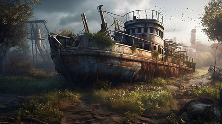 Abandoned shipwreck, wreck of old rusty ship or boat after post-apocalyptic. Generative aiの素材