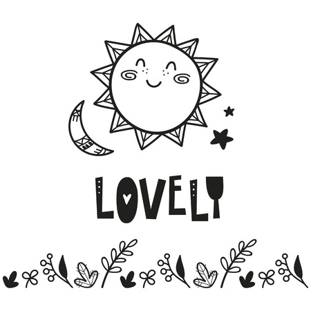 Cute sun, poster for baby room, greeting card, print on the wall, pillow, decoration kids interior, baby wear and t-shirtsのイラスト素材