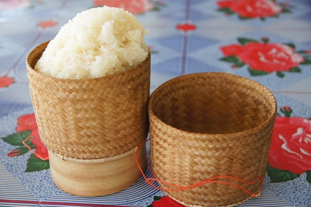 asian sticky rice in a bamboo wooden old style boxの写真素材