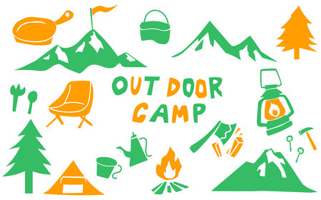 Set of camping icons in cartoon style. Vector illustration isolated on white background.のイラスト素材