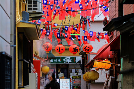 Yokohama Chinatown with gorgeous decoration of Chinese Spring Festivalのeditorial素材