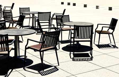 Cafe terrace at midday when no one is thereの写真素材