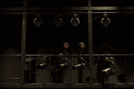 Stage lights at a live music club with lights outの写真素材
