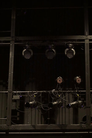 Stage lights at a live music club with lights outの写真素材