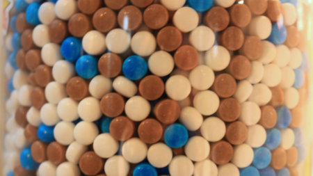 A close-up defocus photo of a jar filled with colorful sweets that look like medicine from the storyの写真素材