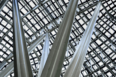 Glass ceiling with thorn-like steel pillars and a distorted lattice frame