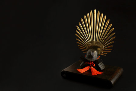 Still life photography of a miniature Toyotomi Hideyoshi helmetの写真素材