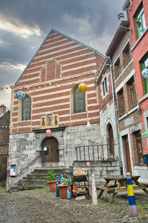 Liege, Belgium, June 2021: Rue Voliere street scene in Liege, with Chapelle Saint-Roch en Voliereのeditorial素材