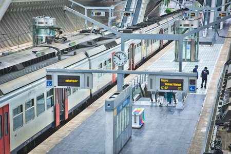 Liege, Belgium, June 2021: Belgian NMBS railroad trains in a train station.のeditorial素材