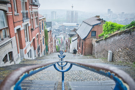 Liege, Belgium, June 2021: Famous Montagne de Bueren stairs in Liege, Belgium. 374 steps staircase.のeditorial素材