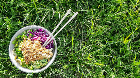 Vegan poke bowl, Hawaiian dish, with chopsticks in the grass. Cashew nuts, avocado, Red cabbage, Onion and Edamameの写真素材