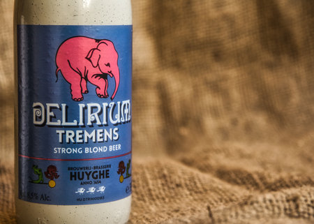Antwerp, Belgium, December 2020: Illustrative Editorial: Delirium Tremens Belgian speciality beer from brewery Huyghe. Selective focus.のeditorial素材