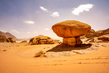 Mushroom rock at Wadi Rum desert in Jordan. Travel and Tourism in Jordanの写真素材
