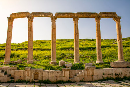 Pillars of the Colonnaded Street at the Roman historical site of Gerasa, Jerash, Jordan. Travel and Tourism in Jordanの写真素材
