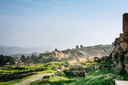 Moody late afternoon view on the historical Roman site of Jerash in Jordan. Travel and tourism.の写真素材