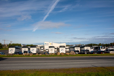 Reykjavik, Iceland, July 2019: BSI bus terminal, Reykjavik Excursions and flybus parking lotのeditorial素材
