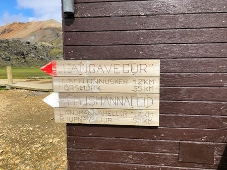 July 2019, Brennisteinsalda, Iceland, directional signs at the Laugavegur hiking trail.のeditorial素材