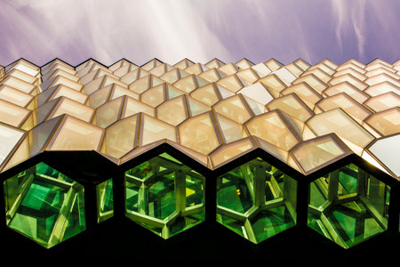 Reykjavik, Iceland, July 2019: Architecture close-up and detail of the Glass window design of the Harpa concert hall and conference centreのeditorial素材