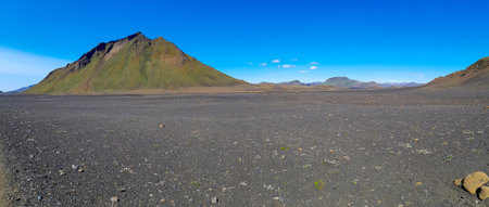 Black volcanic landscape in Katla nature reserve on Laugavegur hiking trail in Iceland. Travel and...