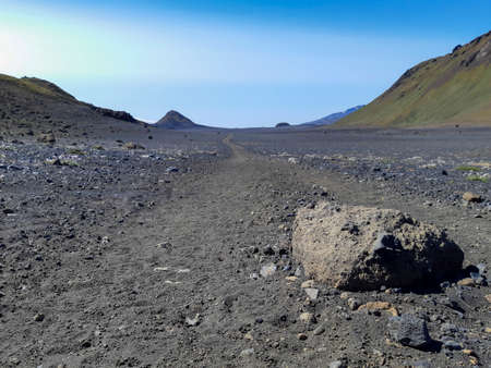 Black volcanic landscape in Katla nature reserve on Laugavegur hiking trail in Iceland. Travel and tourism.の写真素材
