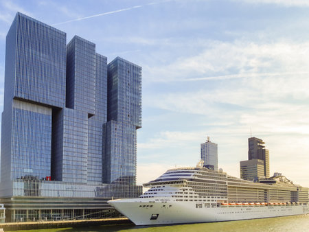 Cruise ship MSC Preziosa at Wilhelminapier with De Rotterdam business towers. Travel and toursim in Netherlandsのeditorial素材