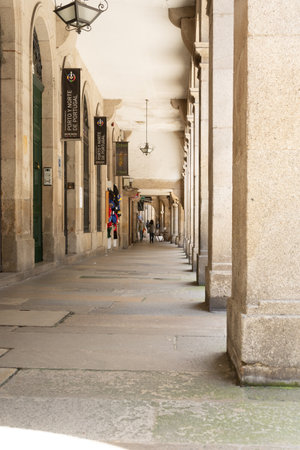 Santiago de Compostela, Spain, May 2018: View on the arcade streets of the old town of Santiago de Compostela in Spainのeditorial素材