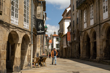 Santiago de Compostela, Spain, May 2018: View on the arcade streets of the old town of Santiago de Compostela in Spainのeditorial素材