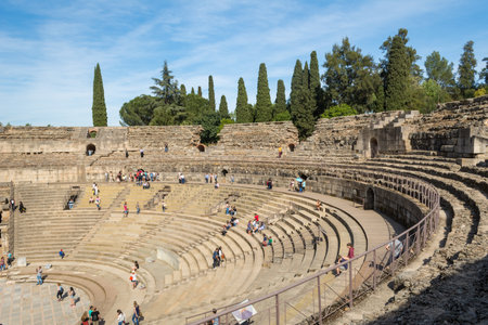 Merida, Spain, April 2017, tourists visiting the Roman ruins theatre arena & waiting rooms used for gladiator & animal fights. Travel and tourism.のeditorial素材
