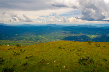 Panorama picture of the green hills of Nyika National Park, in Malawi, Africa, on a cloudy day