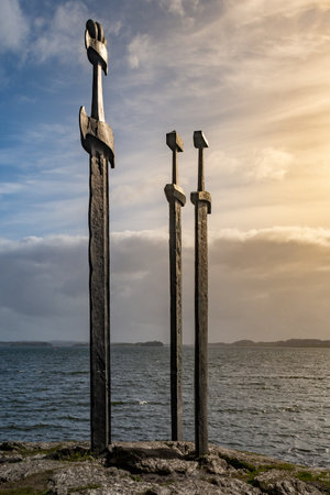 Hafrsfjord, Norway, May 2014: Swords in rock monument in Hafrsfjord, Norway, neighborhood of Madla, a borough city of Stavanger, created by Fritz Roedのeditorial素材