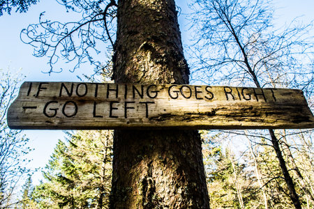 If nothing goes right, then go left wooden sign in the forest attached to a tree.のeditorial素材