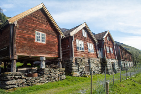 Otternes, Norway, May 2015: view on the historical row houses of small village of Otternes near Flam, Aurland, Norwayのeditorial素材