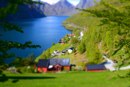 Bergen, Norway, May 2015: Tilt-shift and selective focus shot of Aurlandsfjorden in Norwayのeditorial素材