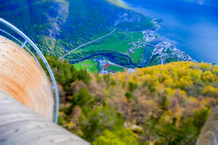 aerial view on Aurlandsvangen the administrative center of the municipality of Aurland in Sogn og Fjordane county, Norway, located on the east side of the Aurlandsfjorden. Travel and Tourism in Norwayのeditorial素材