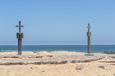 Cape Cross, Namibia, November 2012: two crosses landmark and memorial at Cape Cross in Namibiaのeditorial素材