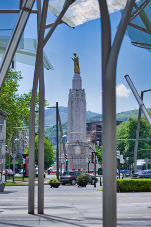 Bilbao, Spain, May 2012: View on Monumento al Sagrado Corazon de Jesus statue at Jesusen Bihotza Plaza in Bilbao, Spain.のeditorial素材